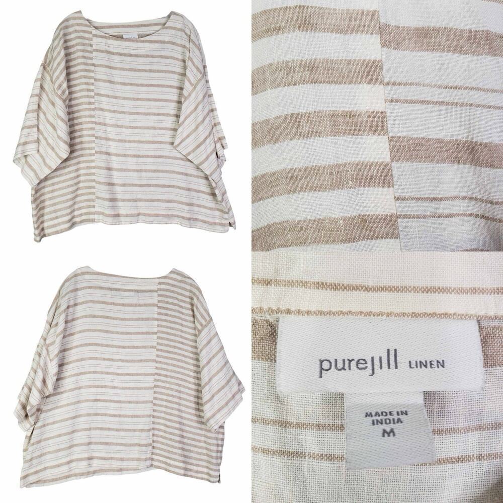 J Jill Shirt Popover Womens Size Medium M Tunic Top Boxy Tan White Striped Linen